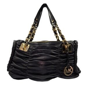 Michael Kors Black Leather‎ Gathered Chain Shoulder Handbag Bag Purse